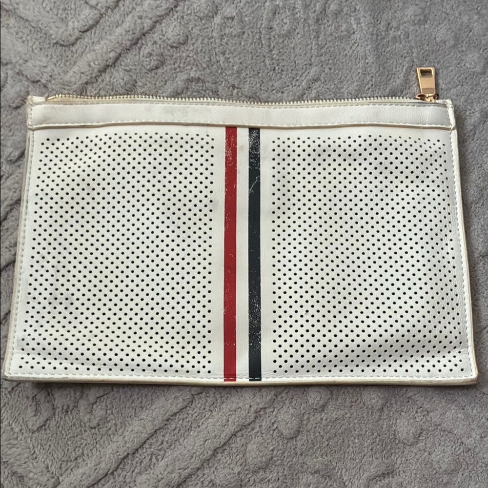 White Perforated Clutch with Red and Black Stripe